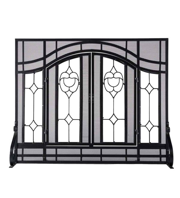 2-Door Large Floral Fireplace Fire Screen with Beveled Glass Panels