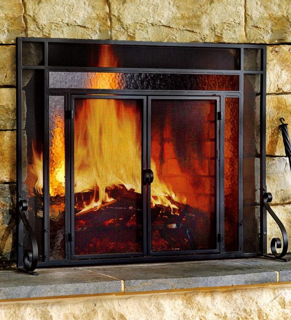 2-Door Steel Fireplace Fire Screen with Tempered Glass Accents