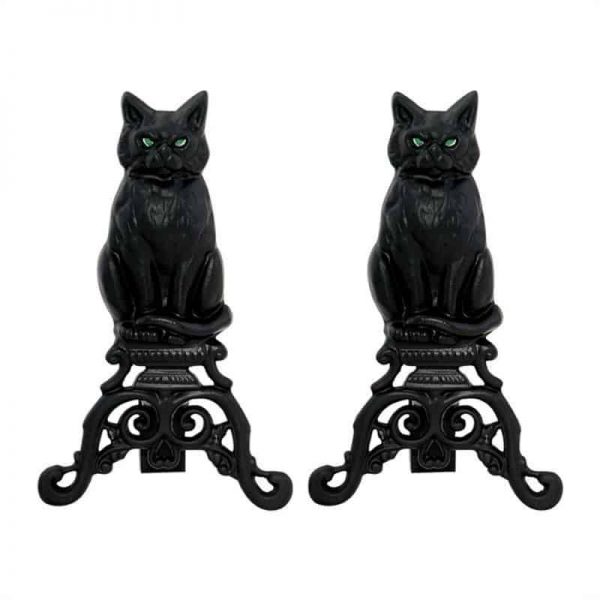 2 Piece Fireplace Tool Set with Cast Iron Cats & Fold Arch Top Screen in Black 1