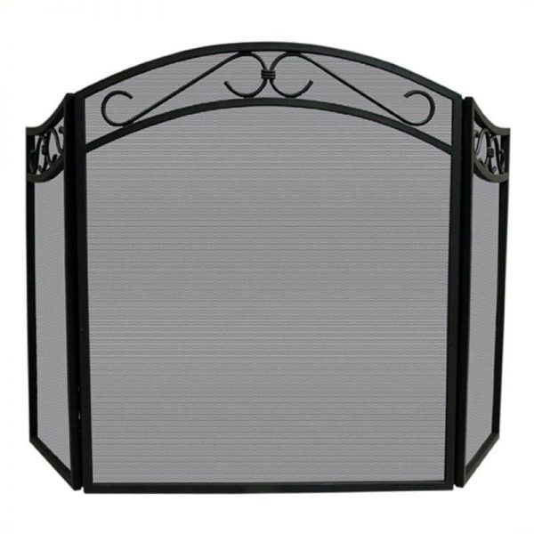 2 Piece Fireplace Tool Set with Cast Iron Cats & Fold Arch Top Screen in Black 2