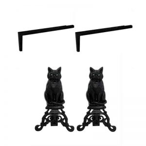 2 Piece Fireplace Tool Set with Long Shank For Andiron & Black Cast Iron Cat With Reflective Eyes