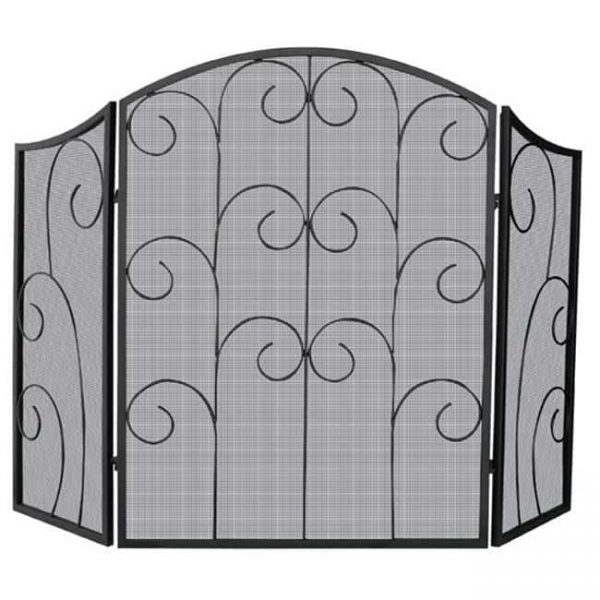 3 Panel Black Wrought Iron Screen With Decorative Scroll