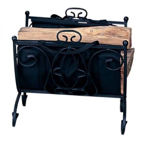 3 Piece Fireplace Tool Set with 37" Poker, Wrought Iron Screen & Wrought Iron Log Holder in Black 2