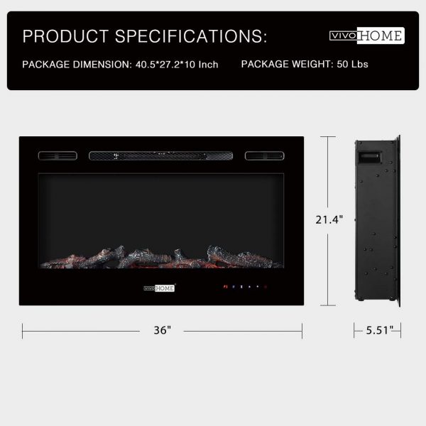 36 Inch 120V 750W / 1500W 2 Heat Modes Wall Mounted and in Wall Recessed Electric Fireplace Heater 4