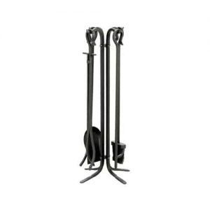 5 Pc Black Iron Fire Set With Shepherd Hook Handles And Stand