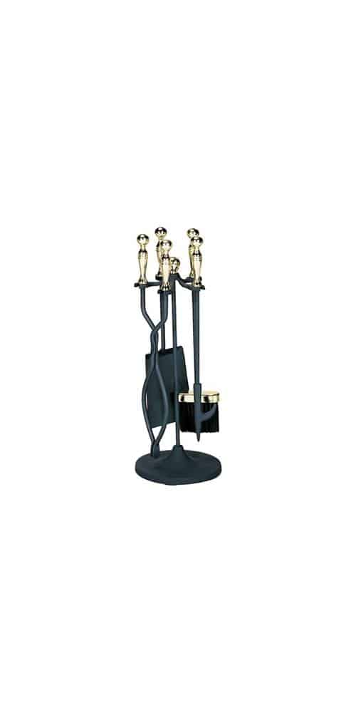 5 Pc Polished Brass And Black Stove Set - Ball Handles And Stand