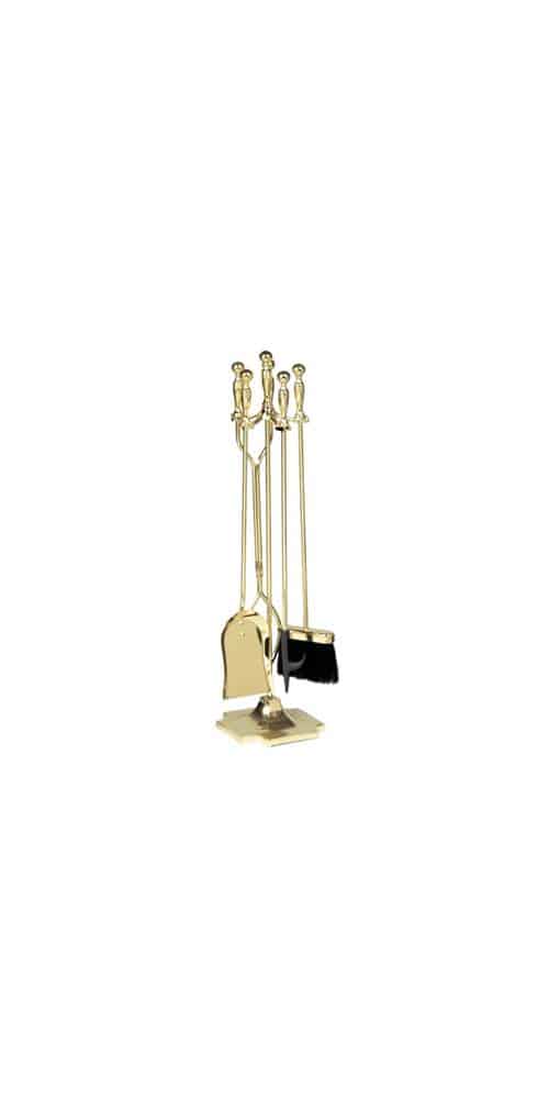 5 Pc Polished Brass Fire Set On Pedestal With Ball Handles