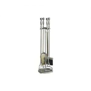 5 Pc Satin Pewter Fire Set With Ball Handles And Stand