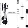 5 Pcs Fireplace Tools Sets Black Handle Wrought Iron Fire Place Tool Set and Holder Outdoor Fireset Fire Pit Stand Rustic Tongs Shovel Antique Brush Chimney Poker Wood Stove Hearth Accessories Kit 6