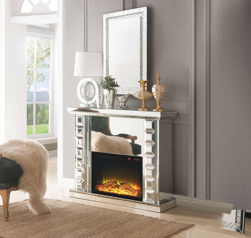 ACME Dominic Free Standing Mirrored Fireplace with Remote Control