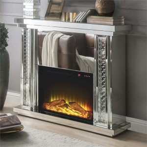 ACME Nyasia Mirrored Fireplace with Faux Crystals and Remote Control
