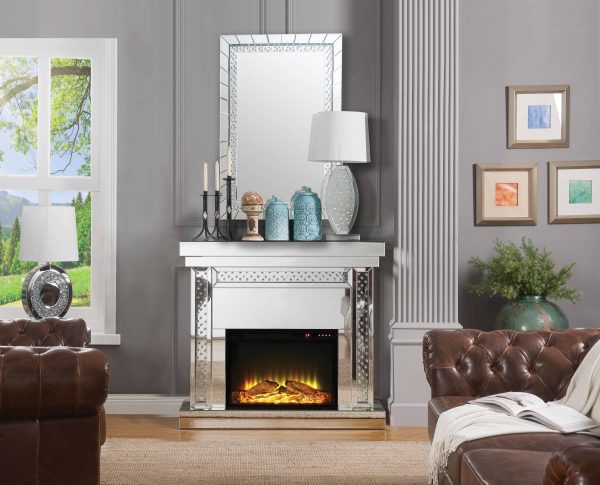 ACME Nyomi Mirrored Fireplace with Faux Crystals and Remote Control