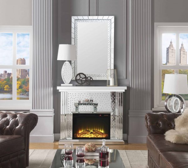 ACME Nysa Mirrored Fireplace with Faux Crystals and Remote Control