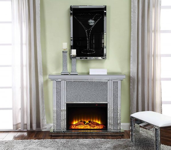 Acme Nowles Wooden Frame Fireplace in Mirrored and Faux Stones