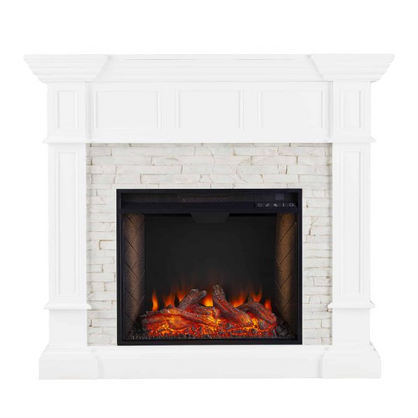 Addao Smart Convertible Fireplace w/ Faux Stone – White 3