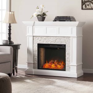 Addao Smart Convertible Fireplace w/ Faux Stone – White