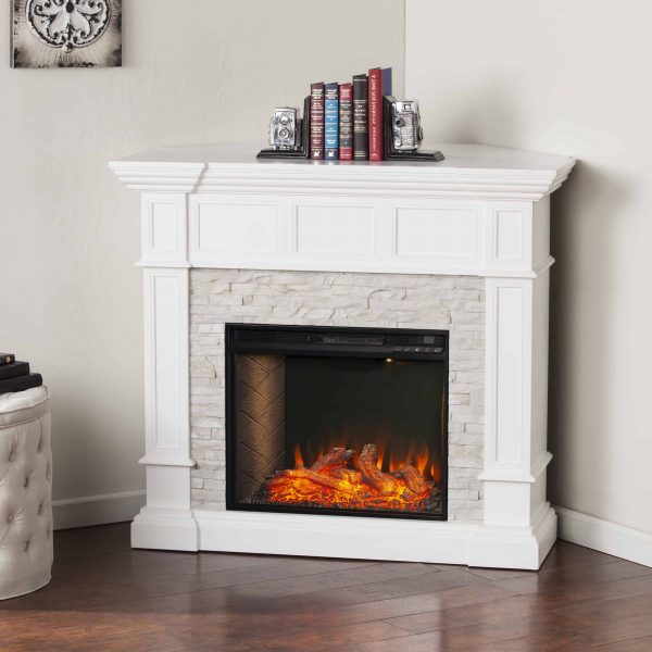 Addao Smart Convertible Fireplace w/ Faux Stone – White 7