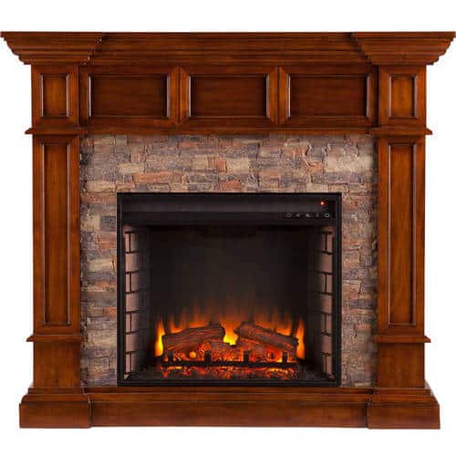 Aiden Corner Electric Fireplace with Faux Stone, Buckey Oak 3