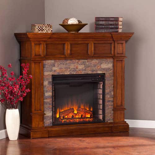 Aiden Corner Electric Fireplace with Faux Stone, Buckey Oak 5