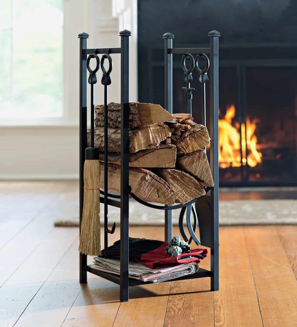 All-In-One Firewood Wood Rack with Fireplace Tool Set, Black 4