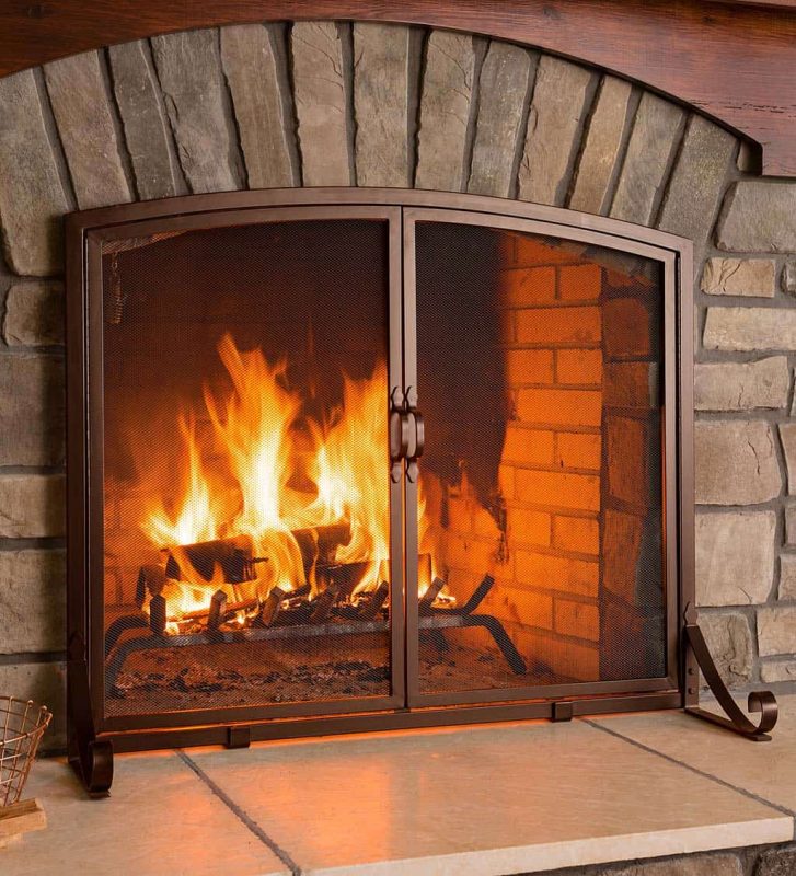 Arched Top Flat Guard Fireplace Fire Screen with Doors, Small, Bronze ...