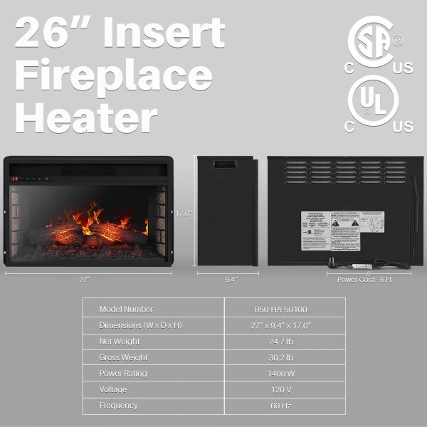 BELLEZE 26" Electric Fireplace Insert Heater with Log Hearth Flame and Remote,1400W Black 4
