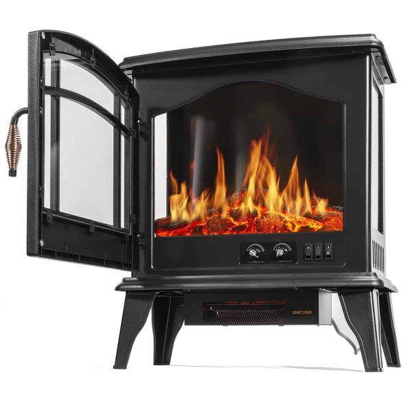 Barton 1500W Electric Stove Heater Infrared Quartz Fireplace 3D Flame Log Stove Firebox, Black 2