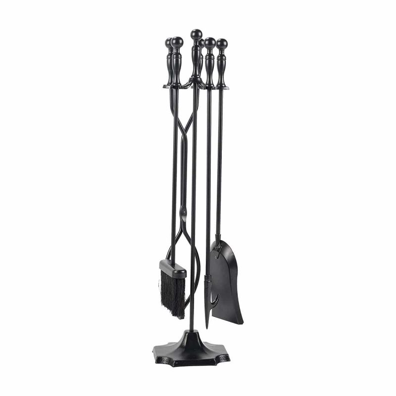 Barton 5PC Rustic Fireplace Tools Set Hearth Iron Poker Wood Stove Log Tongs Holder Brush Set