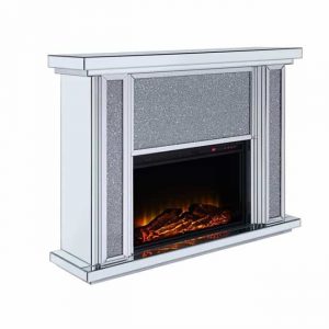 Benzara BM196009 Wood & Mirror Electric Fireplace with Faux Crystal Dusted Face