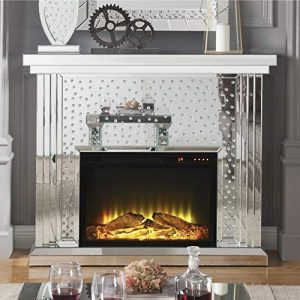 Benzara Faux Crystal Inlaid Wooden Electric Fireplace With Remote Controller
