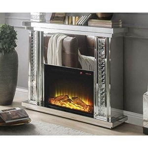 Benzara Mirrored Electric Fireplace with Faux Crystal Inlay & Remote Controller