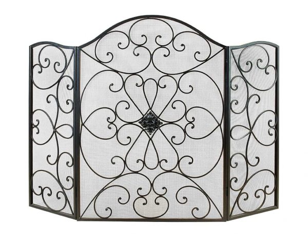 Benzara Scroll Patterned 3- Panel Metal Fire Screen With Double Bar for Fire Place