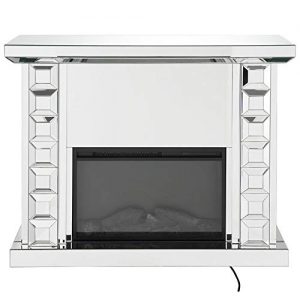 Benzara Wood and Glass Electric Fireplace with Touch Panel or Remote Controller