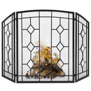Best Choice Products 3-Panel 48x30in Glass Diamond Accent Handcrafted Iron Mesh Fireplace Screen