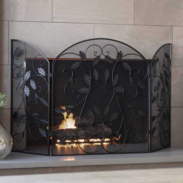 Best Choice Products 3-Panel 50x30in Steel Metal Mesh Fireplace Screen w/ Rustic Worn Finish, Scroll Leaf Decals 1