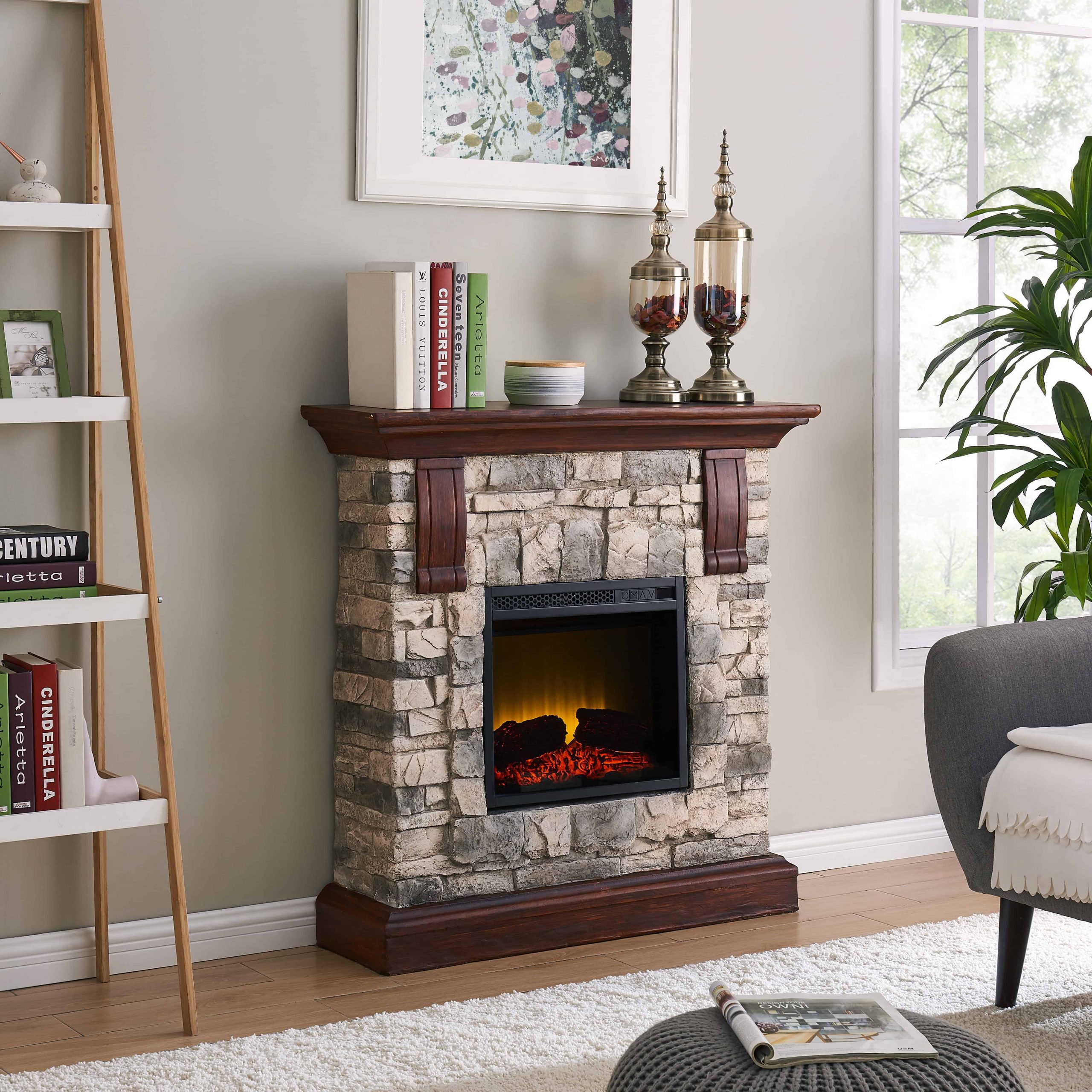 Electric fireplace with stone