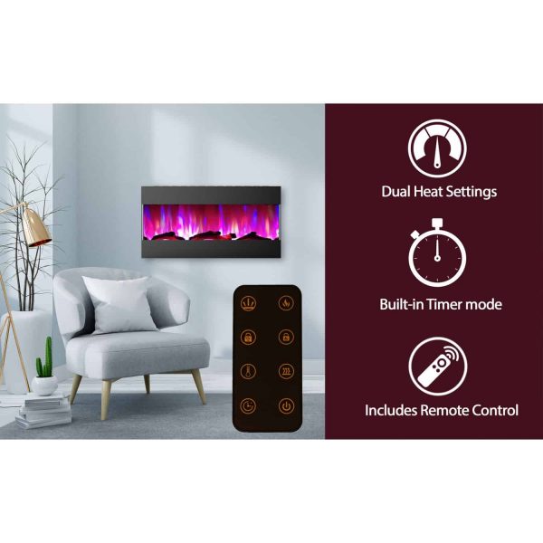 Cambridge 42 In. Recessed Wall Mounted Electric Fireplace with Logs and LED Color Changing Display, Black 2