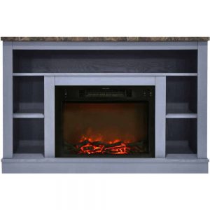Cambridge 47 In. Electric Fireplace with 1500W Charred Log Insert and A/V Storage Mantel in Slate Blue