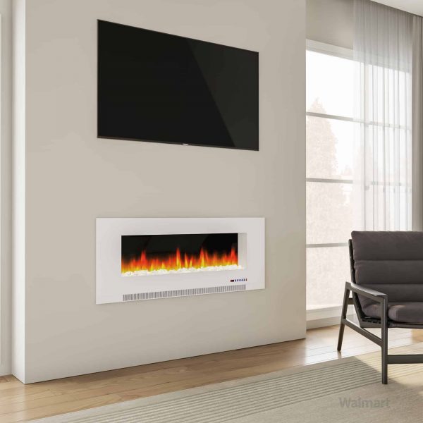Cambridge 50" Wall-Mount Electric Fireplace Heater with Multi-Color LED Flames and Crystal Rock Display 14