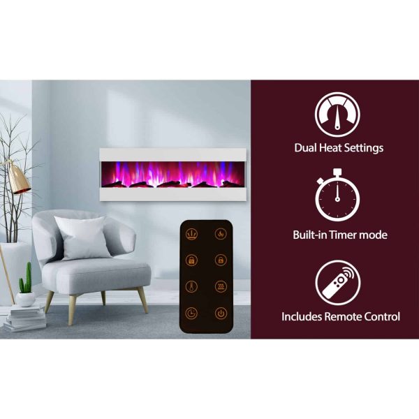 Cambridge 60 In. Recessed Wall Mounted Electric Fireplace with Logs and LED Color Changing Display, White 1