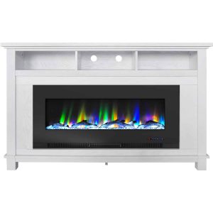 Cambridge San Jose Fireplace Entertainment Stand in White with 50" Color-Changing Fireplace Insert and Driftwood Log Display