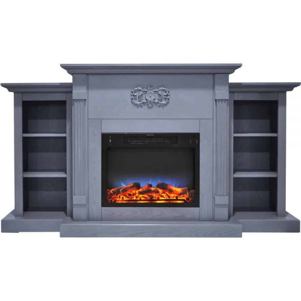 Cambridge Sanoma 72 In. Electric Fireplace in Slate Blue with Built-in Bookshelves and a Multi-Color LED Flame Display