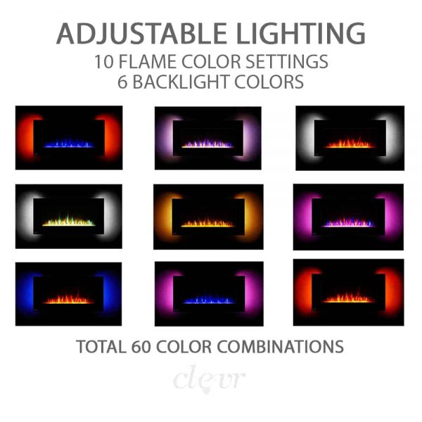 Clevr 39" Adjustable Electric Wall Mount Fireplace Heater, 750-1500W Mordern Black Heat, Decorative Crystals, Adjustable Front and Back Light Color, 39 Inch Wide, On Wall Hanging, 3D Flame Effect 2