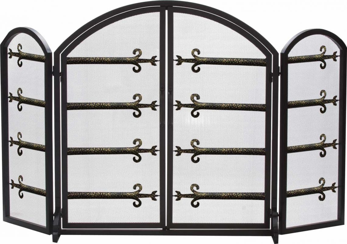 Dagan Three Fold Black and Antique Gold Arched Fireplace Screen with Doors