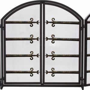 Dagan Three Fold Black and Antique Gold Arched Fireplace Screen with Doors