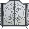 Dagan Three Fold Center Arched Scroll Design Black Wrought Iron Screen with Doors