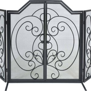 Dagan Three Fold Center Arched Scroll Design Black Wrought Iron Screen with Doors