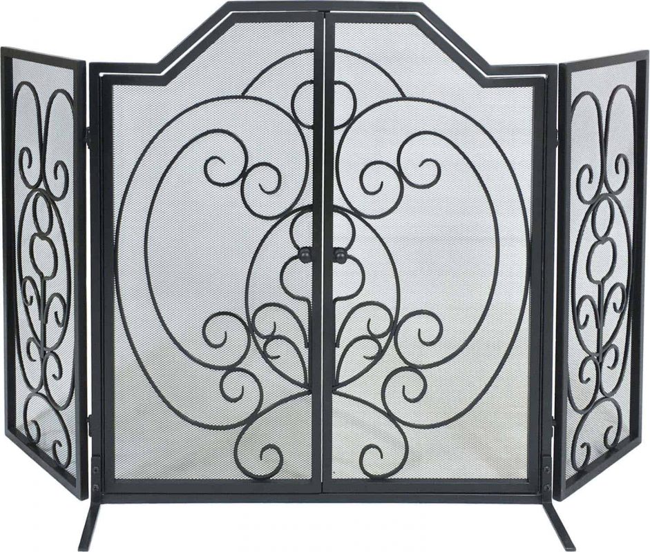 Dagan Three Fold Center Arched Scroll Design Black Wrought Iron Screen with Doors