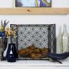 Decmode - Black Metal Decorative Fireplace Screen with Contemporary Pattern