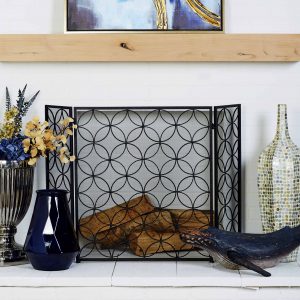 Decmode - Black Metal Decorative Fireplace Screen with Contemporary Pattern